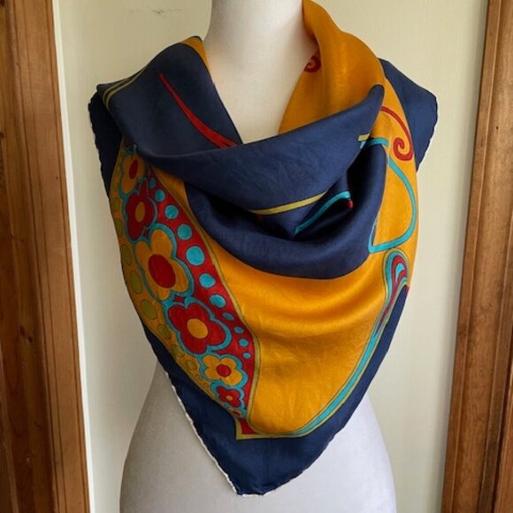 BURMEL Vintage Hand Rolled Bold Retro Print Blue Square Scarf - Picture 4 of 16
